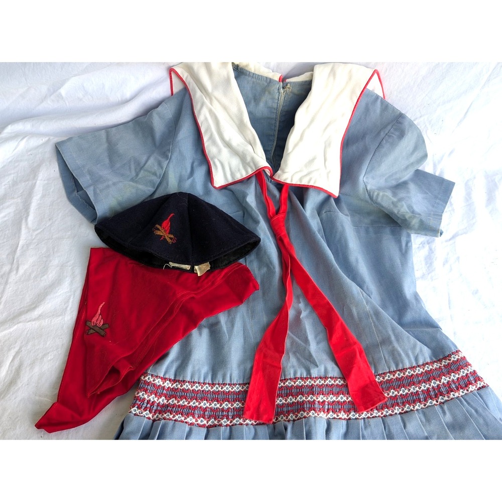 Bluebird/Campfire Girls Lot (Dress, 2 hats, scarf, Silver Wohelo bracelet) VTG